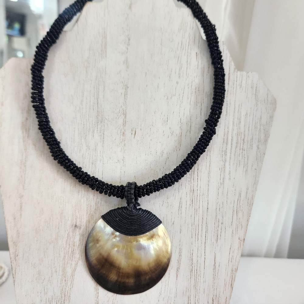 Vintage Handcrafted Black Beaded Necklace with Iridescent Shell Pendant